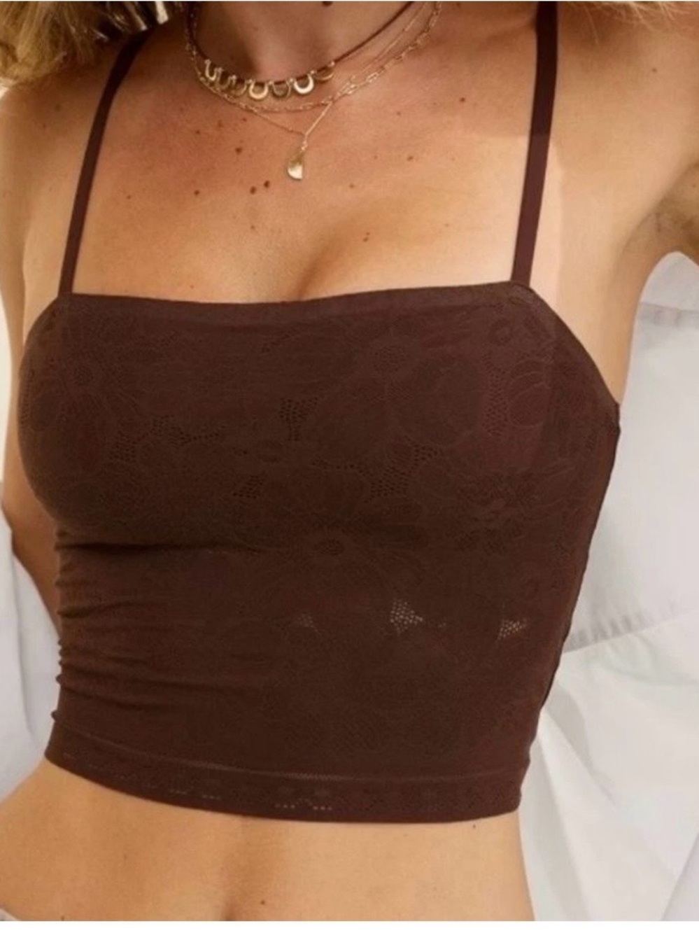 aerie Brown Lace Cropped Cami Top